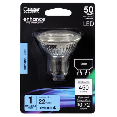 Cling 50 watt Equivalence Enhance 6 watt Track 450 Lumen MR16 LED Bulb, Daylight, 6PK CL1491452